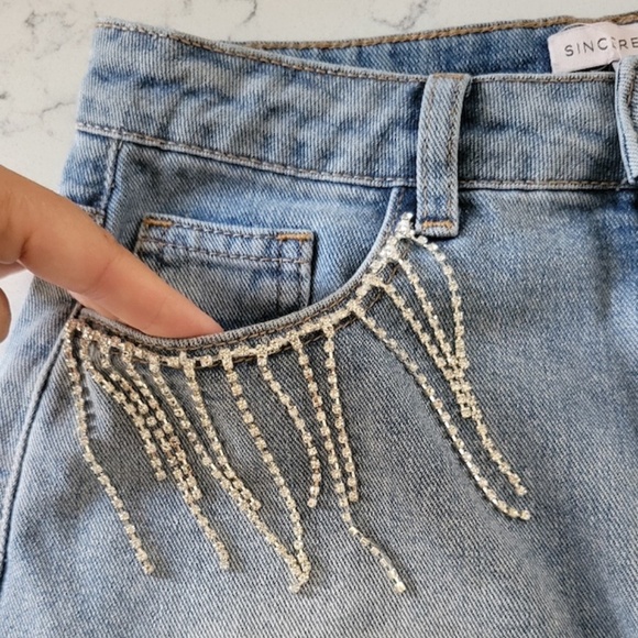 Denim Jean Shorts with Rhinestone Crystal Bling Fringe, size 3/25 - Picture 2 of 5